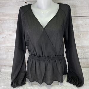 JUNE‎ & HUDSON Black Chiffon V Neck Blouse Peplum Long Sleeve Top Size Large